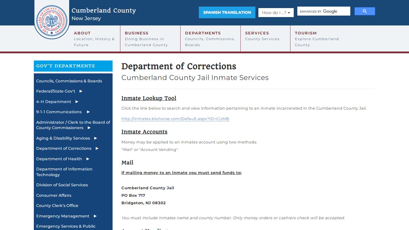 County Jail Inmate Services - Cumberland County, New Jersey (NJ)