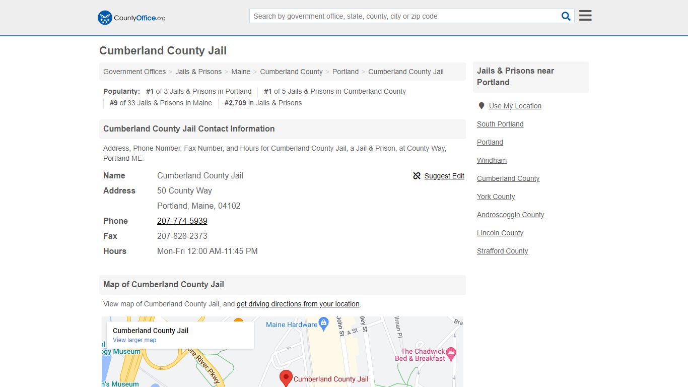 Cumberland County Jail - Portland, ME (Address, Phone, Fax, and Hours)